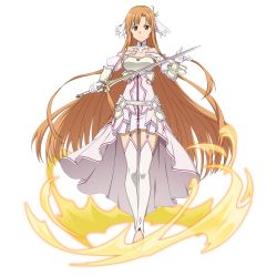 Rule 34 | 1girl, armor, armored dress, asuna (stacia), asymmetrical bangs, bracelet, breastplate, breasts, brown eyes, brown hair, cleavage, closed mouth, detached collar, detached sleeves, dress, floating hair, frown, full body, garter straps, gloves, hair ornament, highres, holding, holding sword, holding weapon, jewelry, long hair, long sleeves, looking at viewer, medium breasts, official art, pleated dress, short dress, sleeveless, sleeveless dress, solo, standing, sword, sword art online, sword art online: code register, thighhighs, thighs, transparent background, very long hair, weapon, white armor, white dress, white gloves, white sleeves, white thighhighs