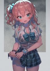 Rule 34 | 1girl, blue bow, blue eyes, blue neckwear, blue skirt, bow, bracelet, breasts, brown hair, cowboy shot, dress shirt, earrings, fang, gyaru, highres, jewelry, large breasts, looking at viewer, medium hair, miniskirt, open collar, open mouth, original, pleated skirt, school uniform, see-through, shinonoko (tubamecider), shirt, short sleeves, side ponytail, skin fang, skirt, smile, solo, standing, stud earrings, water, water drop, wet, wet clothes, wet hair, white shirt, wing collar, wringing clothes