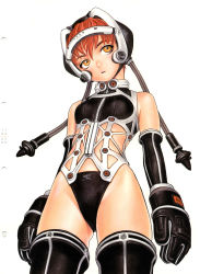 Rule 34 | absurdres, cowboy shot, elbow gloves, flat chest, form code, gloves, highres, murata range, orange eyes, red hair, scan, solo, thighhighs