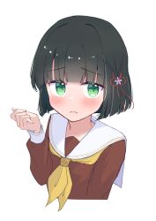 Rule 34 | 1girl, absurdres, black hair, blunt bangs, blunt ends, blush, brown dress, clenched hand, closed mouth, cropped torso, dress, flower, flower knot, frown, green eyes, hair flower, hair ornament, hand up, hands up, hasu no sora school uniform, highres, link! like! love live!, long sleeves, looking at viewer, love live!, momose ginko, neckerchief, sailor collar, school uniform, short hair, simple background, solo, usya slime, virtual youtuber, white background, white sailor collar, winter uniform, yellow neckerchief