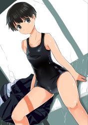Rule 34 | 1girl, bare shoulders, black eyes, black hair, black one-piece swimsuit, black skirt, blush, closed mouth, unworn clothes, collarbone, dot nose, dutch angle, eyebrows, feet out of frame, female focus, haida katsuretsu, highres, looking at viewer, one-piece swimsuit, original, pleated skirt, school swimsuit, school uniform, shiny clothes, shiny skin, short hair, sitting, skirt, unworn skirt, smile, solo, spread legs, swimsuit, tagme, very short hair, wet