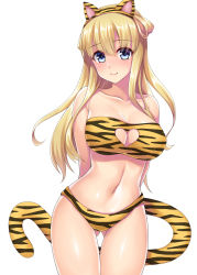 Rule 34 | 1girl, absurdres, alternate costume, animal ears, animal print, bikini, blonde hair, blue eyes, breasts, cleavage cutout, clothing cutout, double bun, fake animal ears, fake tail, fletcher (kancolle), hair bun, heart cutout, highres, kantai collection, large breasts, long hair, navel, print bikini, ruin re birth, simple background, solo, strapless, strapless bikini, swimsuit, tail, tiger ears, tiger print, tiger tail, white background
