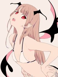 Rule 34 | 1girl, arched back, bare arms, bat wings, beige background, bikini, blonde hair, blunt bangs, breasts, cleavage, comitia 124, fangs, fingernails, from side, hand on own hip, head wings, long hair, looking at viewer, looking back, lowres, muted color, open mouth, original, pointy ears, red eyes, sharp fingernails, side-tie bikini bottom, sidelocks, simple background, slit pupils, small breasts, solo, swimsuit, tail, teeth, tongue, tongue out, upper teeth only, white bikini, wings