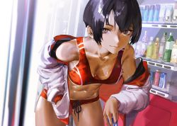 Rule 34 | absurdres, black hair, can, commentary request, hand in pocket, highres, holding, jacket, leaning forward, leaning on object, looking at viewer, off shoulder, original, short hair, solo, sports bra, sports drink, sportswear, sweat, vending machine, waterswing