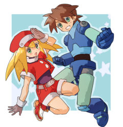 Rule 34 | 1boy, 1girl, belt, blonde hair, bodysuit, breasts, brown gloves, brown hair, cabbie hat, commentary request, gloves, green eyes, hamagurihime, hat, jacket, long hair, looking at viewer, mega man (series), mega man legends (series), mega man volnutt, open mouth, red hat, red shorts, roll caskett (mega man), shorts, small breasts, smile, star (symbol)