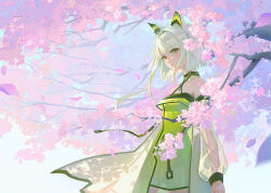 Rule 34 | 1girl, animal ear fluff, animal ears, arknights, black collar, blue sky, breasts, cat ears, cat girl, cherry blossoms, collar, cowboy shot, criss-cross halter, dress, flower, green dress, green eyes, green hair, halterneck, highres, huhv., kal&#039;tsit (arknights), long sleeves, looking at viewer, nose, off-shoulder dress, off shoulder, outdoors, petals, pink flower, see-through, see-through sleeves, short hair, sky, small breasts, solo, tree