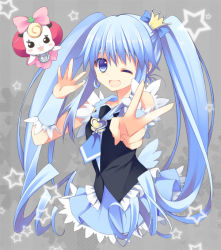Rule 34 | 10s, 1girl, ;d, bad id, bad pixiv id, blue eyes, blue hair, blue skirt, bow, brooch, creature, crown, cure princess, earrings, frills, grey background, happinesscharge precure!, heart, heart brooch, jewelry, long hair, magical girl, mini crown, necktie, one eye closed, open mouth, pink bow, precure, purinpurin, ribbon (happinesscharge precure!), shirayuki hime, sidelocks, skirt, smile, star (symbol), twintails, v, wink