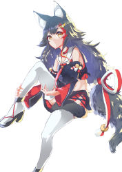 Rule 34 | 1girl, absurdres, animal ears, eshineko, hand on own leg, highres, hololive, long hair, looking at viewer, ookami mio, ookami mio (1st costume), open hand, sailor collar, solo, tail, tail wrap, very long hair, virtual youtuber, wolf ears, wolf tail, yellow eyes