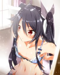 Rule 34 | 1girl, bare shoulders, black hair, blush, bow, bow bra, bra, breasts, closed mouth, collarbone, downblouse, female focus, flat chest, frilled bra, frills, indoors, long hair, navel, nipple slip, nipples, ore twintail ni narimasu, panties, red eyes, solo, sparkle, tsube aika, twintails, two side up, underwear, underwear only, window, yuto (dialique)