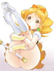 Rule 34 | 10s, 1girl, ass, bad id, bad pixiv id, blonde hair, boots, cure honey, earrings, happinesscharge precure!, high heels, highres, hugging own legs, jewelry, legs up, long hair, magical girl, oomori yuuko, precure, sekihan, skirt, solo, thick thighs, thighs, wide ponytail, wrist cuffs, yellow eyes