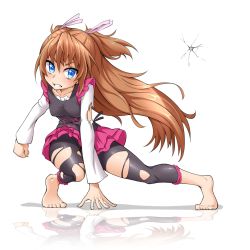 Rule 34 | 10s, 1girl, barefoot, blue eyes, brown hair, casual, clenched teeth, dodging, hair ribbon, highres, houjou hibiki, kanichiri, long hair, precure, ribbon, solo, suite precure, teeth, torn clothes, two side up