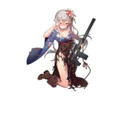 Rule 34 | 1girl, 9a-91, 9a-91 (girls&#039; frontline), 9a-91 (purifying arrow flowers and dreams) (girls&#039; frontline), arm up, assault rifle, bare shoulders, blue eyes, boots, bow, breasts, brown skirt, cleavage, closed mouth, damaged, fangdan runiu, flower, full body, girls&#039; frontline, gun, hair between eyes, hair flower, hair ornament, holding, holding gun, holding weapon, leather, leather boots, long hair, official alternate costume, one eye closed, rifle, scope, silver hair, sitting, skirt, solo, suppressor, tears, torn clothes, torn skirt, transparent background, weapon