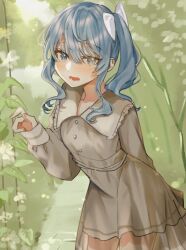 Rule 34 | 1girl, blue eyes, blue hair, blurry, bokeh, bow, brown dress, buttons, cowboy, curly hair, day, depth of field, dress, frilled shirt collar, frills, hair bow, highres, hololive, hoshimachi suisei, leaf, long sleeves, looking at viewer, lower teeth only, open mouth, plant, see-through, see-through dress, side ponytail, sidelocks, sleeves past wrists, solo, star (symbol), star in eye, sunlight, symbol in eye, teeth, tree, ueruko, virtual youtuber, western, white bow
