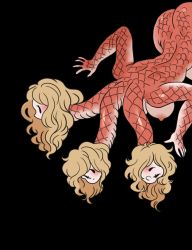 Rule 34 | 1girl, absurdres, ass, black background, blush, breasts, brown hair, highres, large breasts, limited palette, long hair, looking at viewer, monster girl, multiple heads, nipples, original, panoramango, profile, scales, simple background, solo