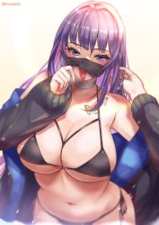Rule 34 | 1girl, bikini, black bikini, blue eyes, borrowed character, breasts, bug, butterfly, choker, cleavage, collar, covered mouth, highres, insect, jacket, jacket partially removed, large breasts, long tongue, looking at viewer, mask, unworn mask, mouth mask, navel, original, purple hair, solo, sunlight, swimsuit, tinnies, tongue, tongue out, yuna (biya (1024))