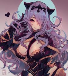 Rule 34 | 1girl, armor, artist name, black gloves, breasts, camilla (fire emblem), closed mouth, fire emblem, fire emblem fates, gloves, hair over one eye, highres, kamochiru, large breasts, long hair, looking at viewer, nintendo, purple eyes, purple hair, smile, solo, tiara, upper body