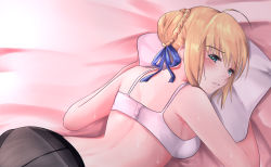 Rule 34 | 1girl, artoria pendragon (all), artoria pendragon (fate), backboob, bad id, bare shoulders, black pantyhose, blonde hair, blue ribbon, blush, bra, braid, breasts, crying, eyes visible through hair, fate/stay night, fate (series), french braid, hair between eyes, highres, looking at viewer, looking back, lying, medium breasts, hugging object, on stomach, panties, panties under pantyhose, pantyhose, parted lips, pillow, pillow hug, ribbon, saber (fate), shumiao, sideboob, solo, sweat, tears, underwear