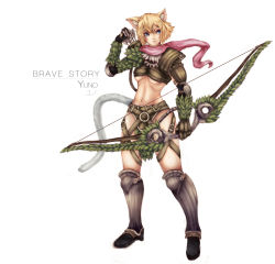 Rule 34 | 1girl, absurdres, animal ears, armor, arrow (projectile), blonde hair, blue eyes, bob cut, bow (weapon), brave story, brave story: aratanaru tabibito, breasts, cat ears, cat girl, cat tail, character name, copyright name, elbow pads, gloves, greaves, highres, md5 mismatch, medium breasts, olegna zueqram, quiver, scarf, shoulder pads, simple background, solo, standing, tail, underboob, weapon, white background, yuno (brave story)