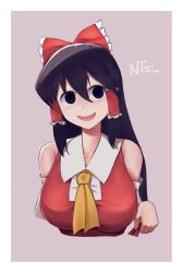 Rule 34 | 1girl, ascot, black eyes, black hair, border, bow, breasts, character name, collared shirt, commentary request, cookie (touhou), cropped torso, detached sleeves, empty eyes, frilled bow, frilled hair tubes, frills, grey background, hair between eyes, hair bow, hair tubes, hakurei reimu, highres, large breasts, long bangs, long hair, looking at viewer, noel (cookie), open mouth, red bow, red shirt, reiji (zero), shirt, sidelocks, sleeveless, sleeveless shirt, smile, solo, touhou, upper body, white border, white sleeves, yellow ascot