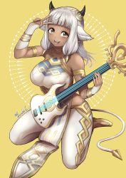 Rule 34 | 1girl, absurdres, animal ears, ash (fire emblem), breast press, breasts, cow ears, cow girl, cow tail, fire emblem, guitar, highres, instrument, large breasts, looking at viewer, nintendo, open mouth, skindentation, smile, solo, tail