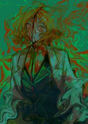 Rule 34 | 1girl, bisected, black vest, blood, blood on clothes, brown eyes, brown hair, collared shirt, commentary request, distortion, flat chest, fushimi arata, green necktie, hair ornament, hairclip, highres, lab coat, limbus company, necktie, project moon, shirt, short hair, shrenne (project moon), solo, spoilers, surreal, vest, white shirt, wide-eyed