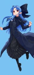 Rule 34 | 1girl, artist request, black bow, black dress, blue background, blue hair, bow, dress, hair bow, highres, large bow, len (tsukihime), long hair, long skirt, long sleeves, pointy ears, red eyes, skirt, solo, tsukihime