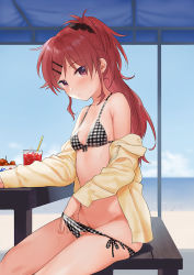 Rule 34 | 1girl, armpit crease, bare shoulders, bikini, bikini pull, breasts, chigusa asuha, clothes pull, cup, drinking glass, front-tie bikini top, front-tie top, groin, hair ornament, hair scrunchie, hairclip, jacket, long hair, looking at viewer, off shoulder, open clothes, open jacket, outdoors, plaid, plaid skirt, ponytail, pulled by self, qualidea code, red eyes, red hair, scrunchie, sekiya asami, side-tie bikini bottom, sitting, skirt, small breasts, solo, stomach, string bikini, swimsuit, thighs, yellow jacket