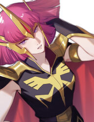 Rule 34 | 1girl, armlet, armor, artist logo, black jacket, bracer, breasts, cape, commentary request, dutch angle, gundam, gundam zz, haman karn, hand in own hair, headpiece, jacket, logo, looking at viewer, medium breasts, medium hair, parted lips, pauldrons, purple eyes, purple hair, red cape, shoulder armor, simple background, sleeveless, sleeveless jacket, solo, teeth, upper body, ususio 11, white background, zeon
