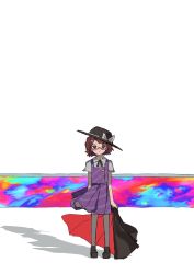 Rule 34 | 1girl, absurdres, bow, brown hair, cloak, fedora, glasses, hat, highres, looking at viewer, low twintails, neruzou, plaid, plaid skirt, plaid vest, purple skirt, purple vest, red-framed eyewear, school uniform, shoes, short hair, skirt, solo, standing, thighhighs, touhou, twintails, usami sumireko, vest, white thighhighs