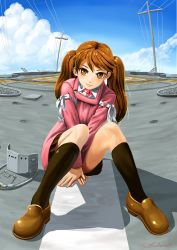 Rule 34 | 10s, 1girl, abazu-red, anchor symbol, black socks, blue sky, brown eyes, brown hair, cloud, cloudy sky, day, flight deck, full body, unworn headwear, highres, historical name connection, japanese clothes, kantai collection, kariginu, long hair, long sleeves, looking at viewer, magatama, military, military vehicle, name connection, object namesake, outdoors, pleated skirt, ryuujou (aircraft carrier), ryuujou (kancolle), ship, shoes, sitting, skirt, sky, smile, socks, solo, twintails, visor cap, warship, watercraft