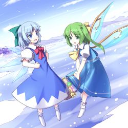 Rule 34 | 2girls, ankle socks, ascot, bad id, bad pixiv id, basket, blue eyes, blue hair, blue sky, bow, cirno, cloud, colored eyelashes, daiyousei, day, dress, dutch angle, fairy wings, flower, flying, green eyes, green hair, hair bow, hands on own hips, ice, ice wings, lake, looking at viewer, minust, mountain, multiple girls, no shoes, open mouth, power-up, puffy short sleeves, puffy sleeves, ribbon, scarlet devil mansion, short hair, short sleeves, side ponytail, skirt, skirt set, sky, snow, snowing, socks, touhou, wings