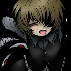 Rule 34 | 1girl, :d, ^ ^, blonde hair, blouse, closed eyes, darkness, ex-rumia, fang, frills, fullmetal alchemist, open mouth, pride (fma), rumia, shaded face, shadow, shirt, short hair, smile, teeth, toto (hitori othello), touhou, vest