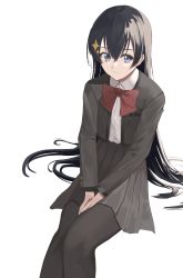 Rule 34 | 1girl, :/, ahataro, black hair, black pantyhose, blue eyes, bow, bowtie, breast pocket, closed mouth, collared shirt, commentary request, crossed bangs, feet out of frame, grey jacket, grey skirt, hair between eyes, hair ornament, hair spread out, hands on lap, high-waist skirt, highres, invisible chair, jacket, kagura hikari, long hair, long sleeves, looking at viewer, miniskirt, open clothes, open jacket, pantyhose, pleated skirt, pocket, red bow, red bowtie, school uniform, seishou music academy uniform, shirt, shirt tucked in, shoujo kageki revue starlight, simple background, sitting, skirt, solo, sparkle hair ornament, very long hair, white background, white shirt