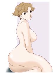Rule 34 | 00s, 1girl, ass, breasts, brown eyes, brown hair, female focus, large breasts, looking at viewer, mole, mole under mouth, my-otome, my-otome s.ifr, nipples, nude, pink background, sabachiyo land, short hair, simple background, sitting, solo, una shamrock, yokozuwari