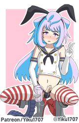 Rule 34 | 1boy, artificial vagina, black panties, blue hair, blush, bulge, cosplay, crossdressing, cum, elbow gloves, gloves, hacka doll, hacka doll 3, highres, kantai collection, long hair, male focus, masturbation, panties, penis, purple eyes, sex toy, shimakaze (kancolle) (cosplay), solo, squatting, striped clothes, striped thighhighs, testicles, thighhighs, trap, underwear, v, yiku1707