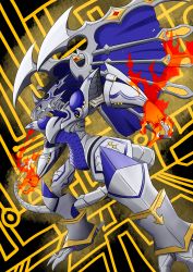 Rule 34 | absurdres, claws, digimon, dorugoramon, dragon, dragon horns, dragon tail, fire, full body, highres, horns, looking to the side, sharp teeth, standing, tail, teeth, yellow eyes