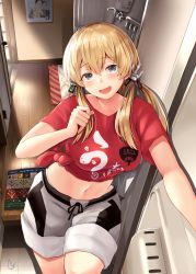Rule 34 | 1girl, anchor hair ornament, blonde hair, blue eyes, breasts, camouflage, camouflage pants, casual, hair ornament, highres, indoors, kantai collection, leaning, long hair, looking at viewer, medium breasts, narushima kanna, navel, open mouth, pants, prinz eugen (kancolle), red shirt, shirt, shorts, solo, tied shirt, twintails, white shorts