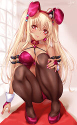Rule 34 | 1girl, animal ears, arm strap, bare shoulders, blonde hair, blush, breasts, bridal gauntlets, brown pantyhose, closed mouth, collarbone, commentary request, earrings, fake animal ears, full body, hairband, heart, heart earrings, highres, jewelry, large breasts, leotard, lips, long hair, looking at viewer, mole, mole on breast, nail polish, original, pantyhose, pink nails, playboy bunny, rabbit ears, red eyes, red footwear, red hairband, red leotard, sakiyamama, signature, smile, solo, squatting, thighs