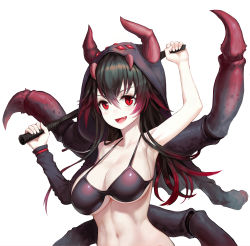 Rule 34 | 1girl, :d, absurdres, arm up, armpits, arthropod limbs, bad id, bad pixiv id, bikini, bikini top only, black bikini, black hair, breasts, broodmother (dota), cleavage, collarbone, dota (series), dota 2, fang, gradient hair, greem bang, hair between eyes, hand up, highres, holding, holding weapon, hood, hood up, large breasts, long hair, looking at viewer, monster girl, multicolored hair, navel, open mouth, personification, purple hair, red eyes, red hair, sidelocks, simple background, smile, solo, swimsuit, upper body, v-shaped eyebrows, weapon, whip, white background