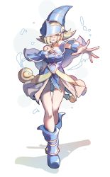 Rule 34 | 1girl, alternate hairstyle, blonde hair, blue eyes, blush, boots, breasts, chinese commentary, cleavage, commentary request, dark magician girl, duel monster, hat, highres, holding, holding wand, huanxiang huifeng, jewelry, large breasts, open mouth, outstretched hand, pendant, spiked hair, wand, wizard hat, yu-gi-oh!