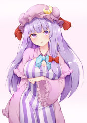 Rule 34 | 1girl, blush, bow, breasts, crescent, crescent hat ornament, dress, hair bow, hat, hat ornament, large breasts, long hair, long sleeves, looking at viewer, mob cap, open mouth, patchouli knowledge, purple dress, purple eyes, purple hair, purple hat, red bow, rururiaru, solo, striped clothes, striped dress, touhou, upper body, vertical-striped clothes, vertical-striped dress