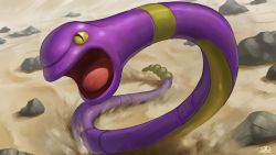 Rule 34 | commentary request, creatures (company), ekans, game freak, gen 1 pokemon, highres, nintendo, no humans, open mouth, pokemon, pokemon (creature), rock, sand, snake, solo, spareribs, tongue, watermark