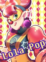 Rule 34 | 1girl, :q, arms (game), character name, clown, clown nose, commentary request, earrings, green eyes, hairband, highres, jewelry, licking lips, lola pop, looking at viewer, mask, multicolored hair, nintendo, orange hair, puffy sleeves, red hair, ringed eyes, runapiero, shirt, smile, solo, star (symbol), suspenders, tongue, tongue out, upper body, white hair