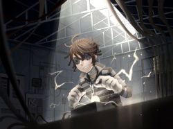 Rule 34 | 1boy, 629, absurdres, bandaged arm, bandaged neck, bandages, brown hair, bruise, bruised eye, button eyes, buttons, chain, electricity, factory, fang, gloves, green eyes, highres, identity v, indoors, injury, light particles, luca balsa, machinery, male focus, messy hair, ponytail, popped collar, prison clothes, prisoner, shirt, smile, smirk, solo, sparks, spotlight, striped clothes, striped shirt, valve, white gloves, wire