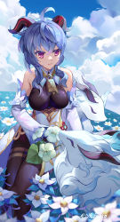 Rule 34 | 1girl, absurdres, ahoge, bare shoulders, bell, black pantyhose, blue flower, blue hair, breasts, chinese knot, detached sleeves, field, flower, flower field, flower knot, ganyu (genshin impact), genshin impact, glaze lily, gold trim, highres, horns, light smile, long hair, looking at another, medium breasts, neck bell, outdoors, pantyhose, purple eyes, qilin (mythology), seiza, sidelocks, signature, sitting, thighlet, vision (genshin impact), white sleeves, xinliu asato