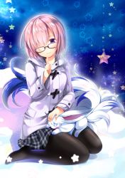 Rule 34 | 1girl, azuma yuki, black-framed eyewear, black skirt, blush, closed mouth, coat, creature, duffel coat, fate/grand order, fate (series), full body, glasses, hair over one eye, hand on another&#039;s head, headpat, index finger raised, knees together feet apart, light particles, lips, long sleeves, looking at viewer, mash kyrielight, mash kyrielight (fgo x lawson), no shoes, official alternate costume, pantyhose, pink hair, plaid, plaid skirt, purple eyes, short hair, signature, sitting, skirt, sky, smile, star (sky), star (symbol), starry sky, tareme, wariza, white coat