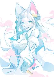 Rule 34 | 1girl, absurdres, ahri (league of legends), animal ears, artist name, bangs pinned back, blush, breasts, colored skin, facial mark, forehead, fox ears, fox tail, highres, league of legends, long hair, looking at viewer, medium breasts, multiple tails, ruan chen yue, slit pupils, solo, spirit blossom (league of legends), spirit blossom ahri, tail, tongue, tongue out, upper body, white hair, white skin, yellow eyes