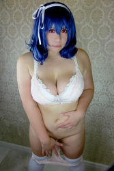 Rule 34 | blue hair, bra, breasts, chouzuki maryou, cosplay, hairband, large breasts, lingerie, panties, panty pull, photo (medium), plump, red eyes, seikon no qwaser, thick thighs, thighhighs, thighs, underwear, yamanobe tomo