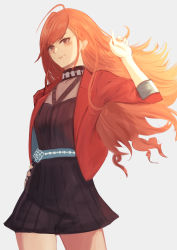 Rule 34 | 1girl, absurdres, ahoge, black dress, brown eyes, cero421, character request, copyright request, dress, from below, grey background, hand in own hair, highres, jacket, long hair, orange hair, red jacket, short dress, simple background, solo