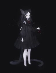 Rule 34 | 1girl, absurdres, animal ear fluff, animal ears, animal feet, arm at side, ascot, bare legs, bauble, black background, black dress, black footwear, black hair, black nails, braid, cat ears, cat girl, cat tail, christmas ornaments, commentary, dress, full body, highres, holding, hoshi rousoku, light particles, long hair, long sleeves, looking at viewer, looking to the side, original, puffy long sleeves, puffy sleeves, quad braids, red ascot, side braid, simple background, solo, standing, tail, yellow eyes